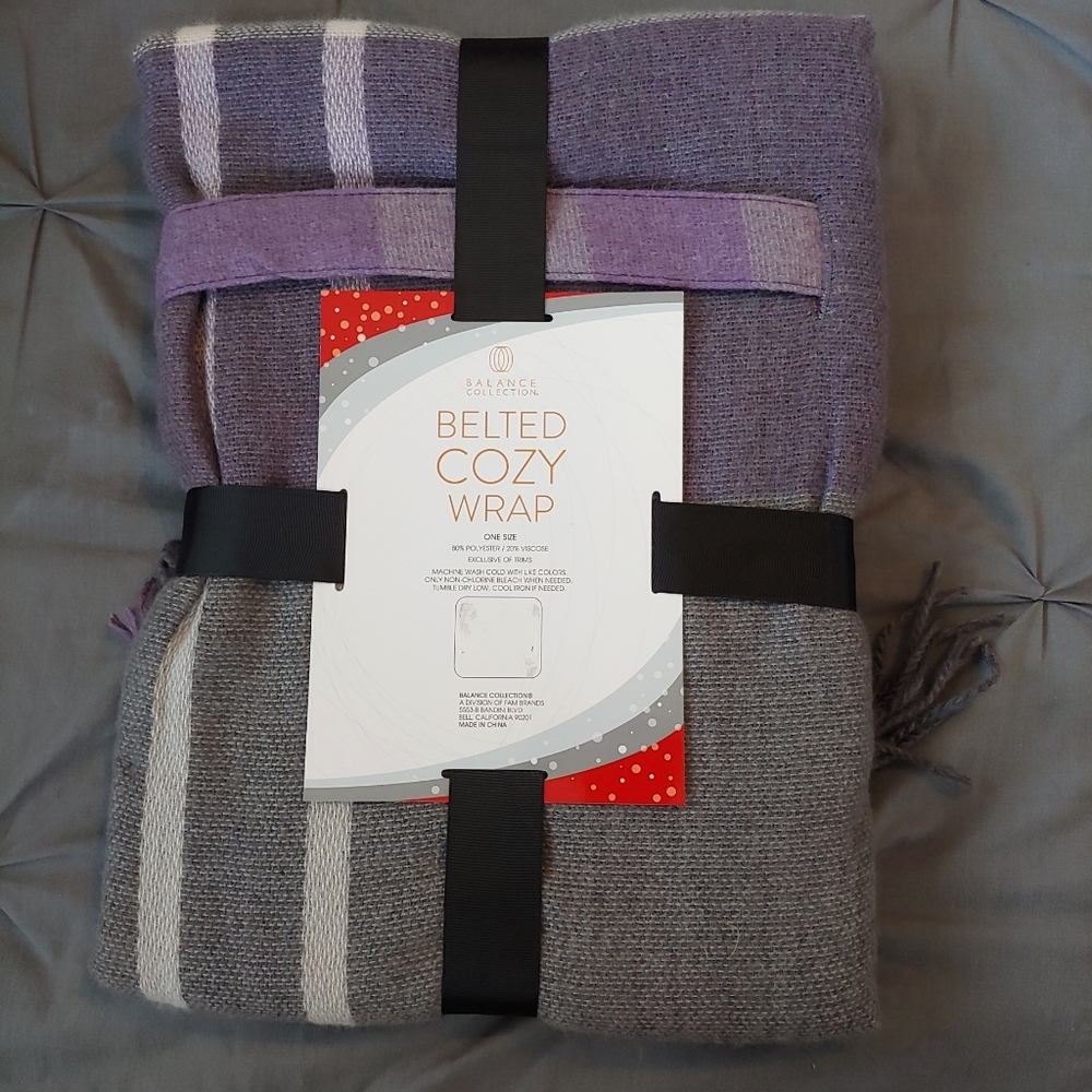 NWT Balance Collection Belted Cozy Wrap, One Size, Purple/Grey/White - Picture 5 of 5